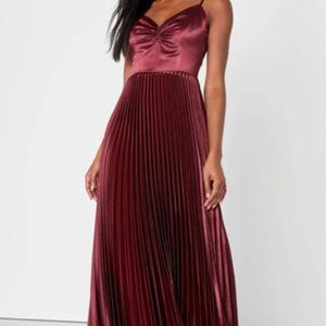 Burgundy Satin Pleated Maxi Dress